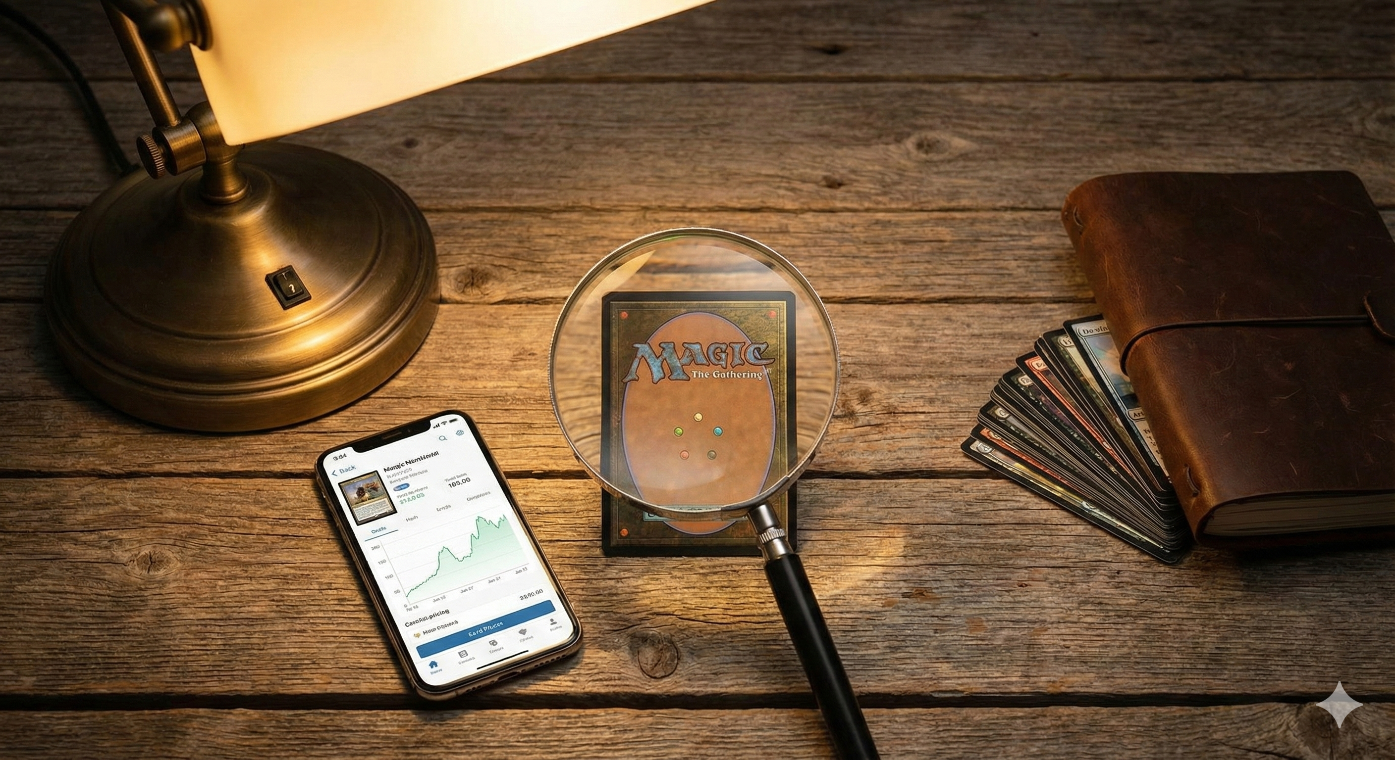 Magic cards with scanner apps and serialized foils showing value tools