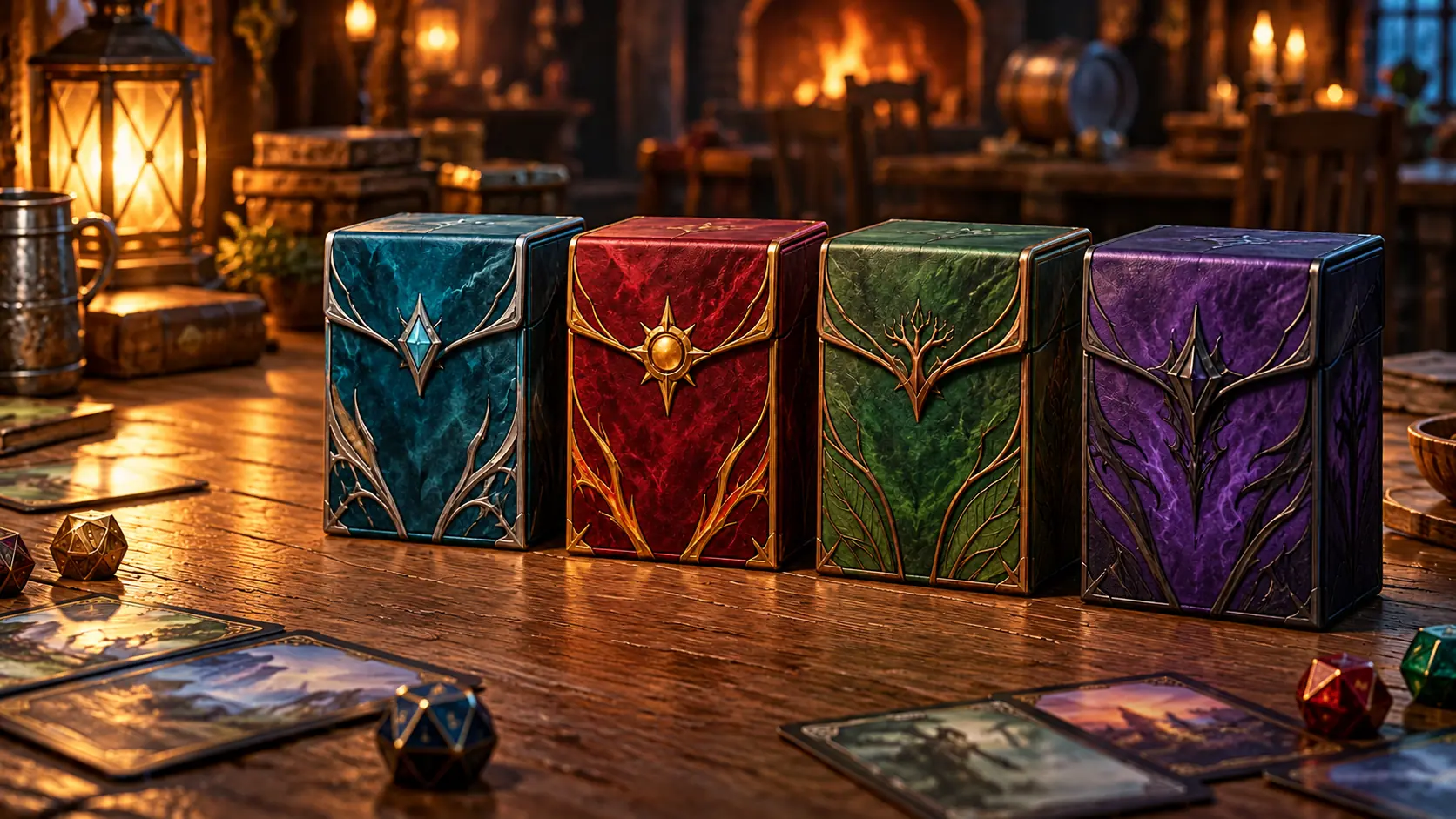 Four deck boxes in blue, red, green and purple on a tavern table with cards and dice