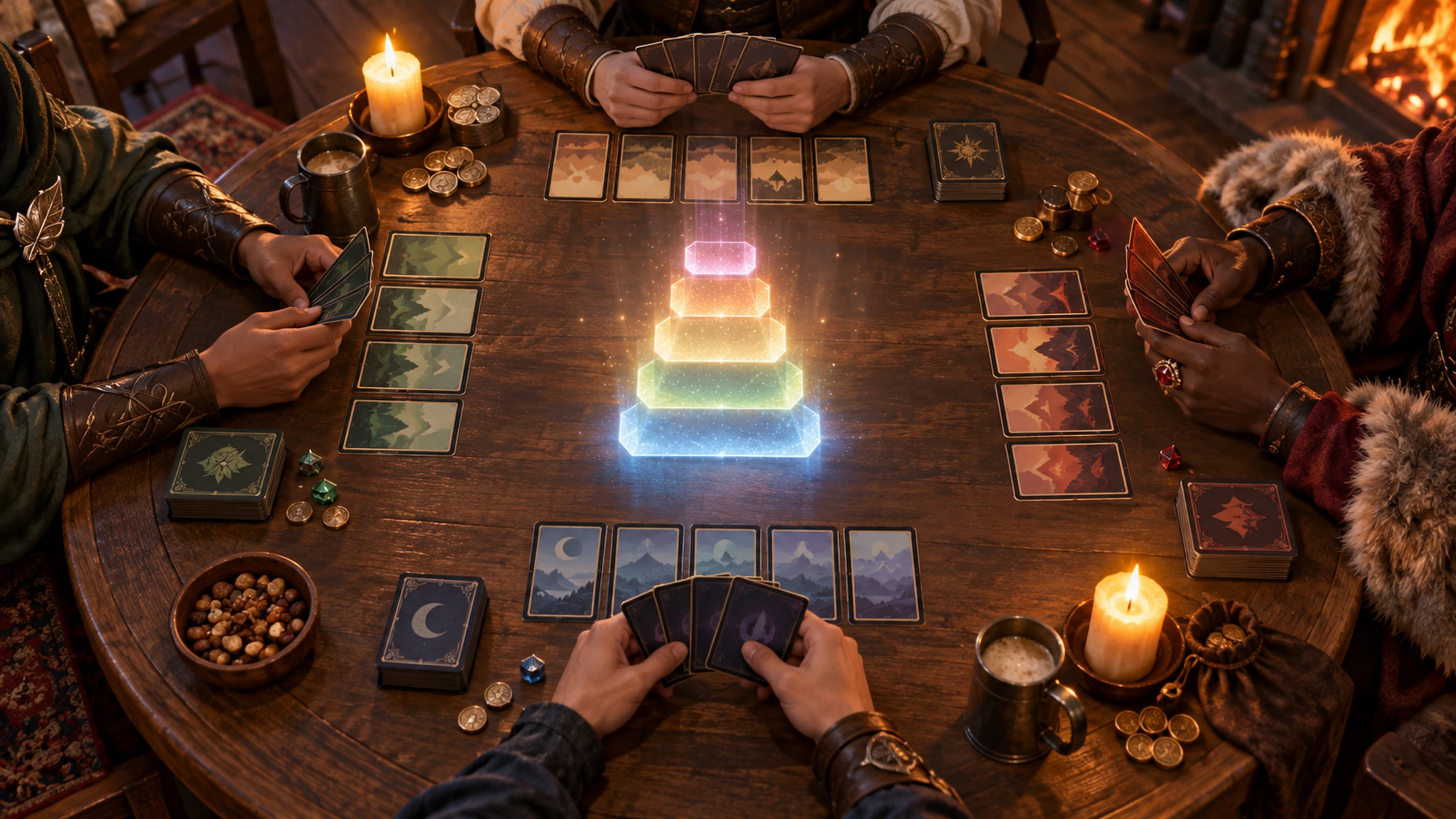 Four players around a fantasy card table with five glowing tiers representing Commander brackets