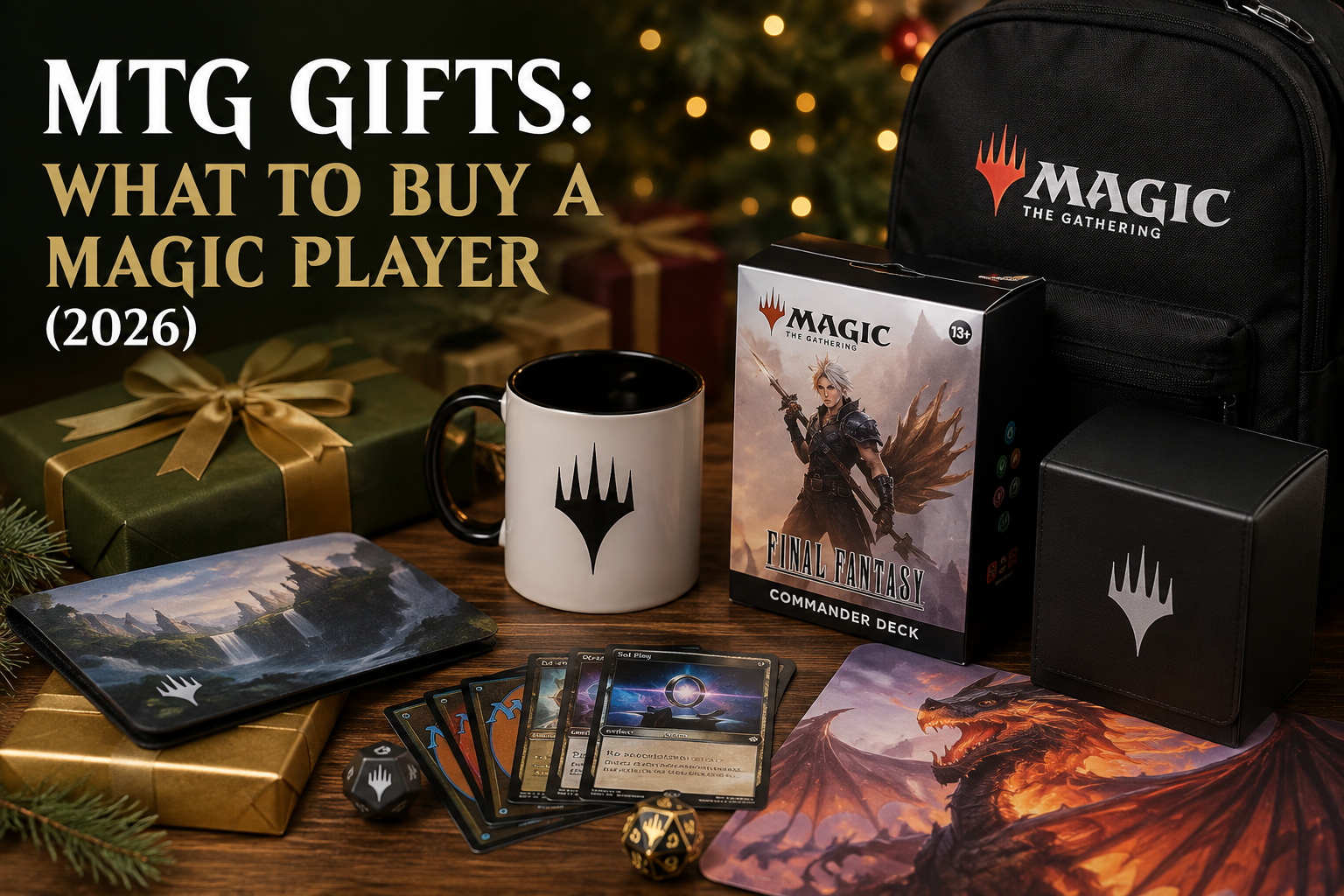 Magic: The Gathering gift ideas laid out with a backpack, mug, playmat, deck box and Commander deck
