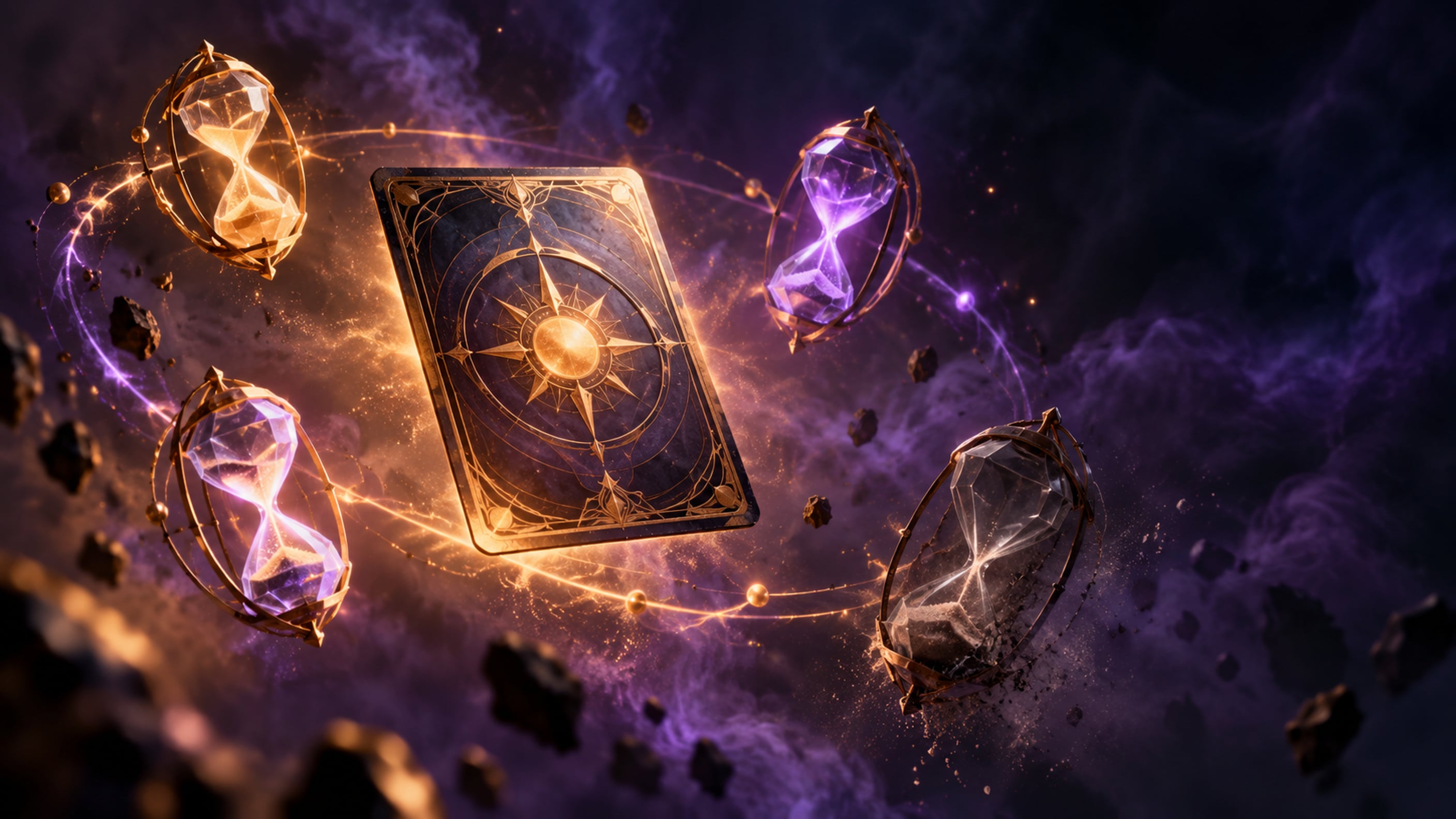 A floating fantasy card surrounded by four hourglass crystals, with the nearest crystal fading