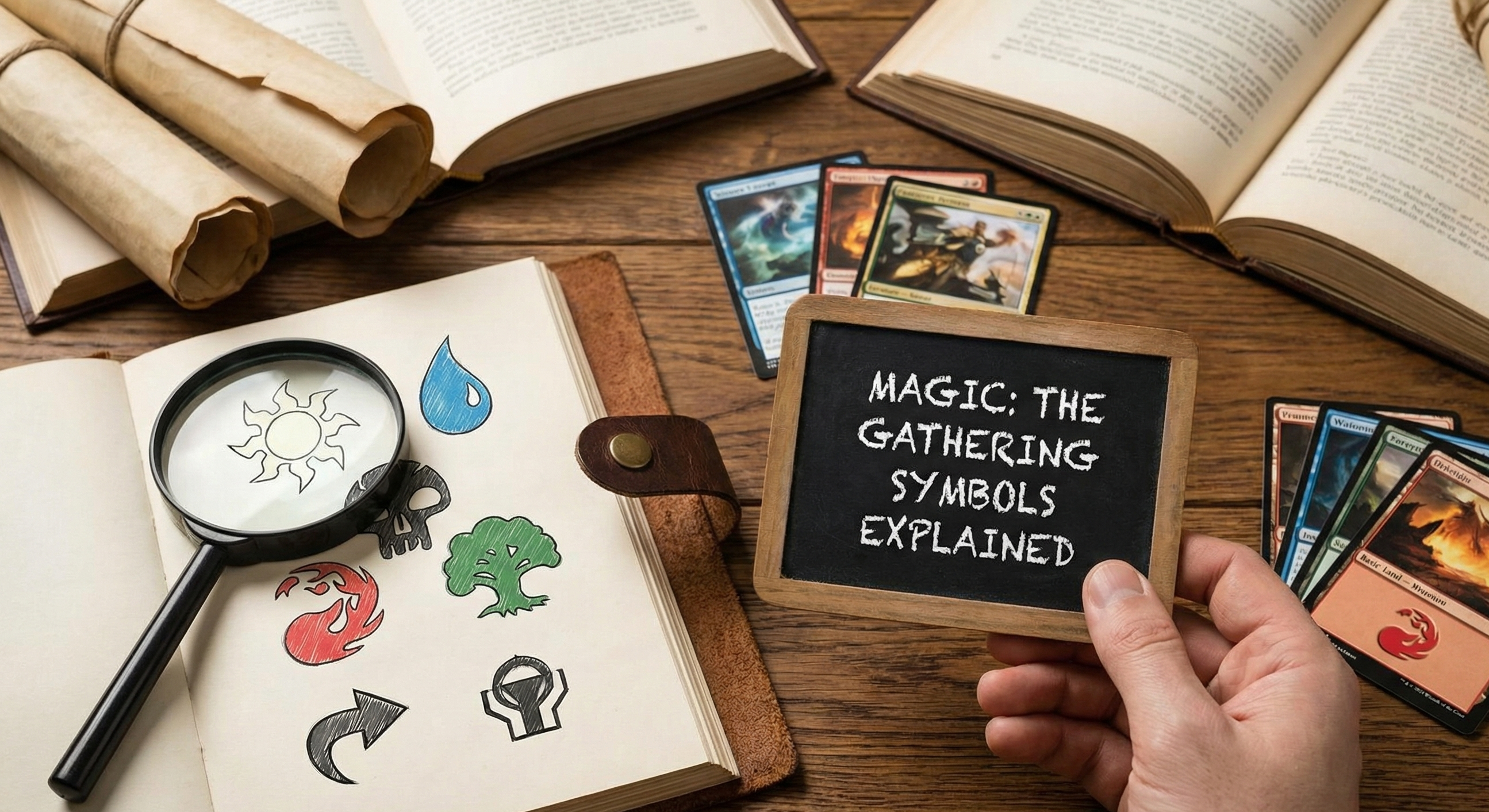 Magic the Gathering mana symbols WUBRG, tap symbol, and mythic rare expansion icon