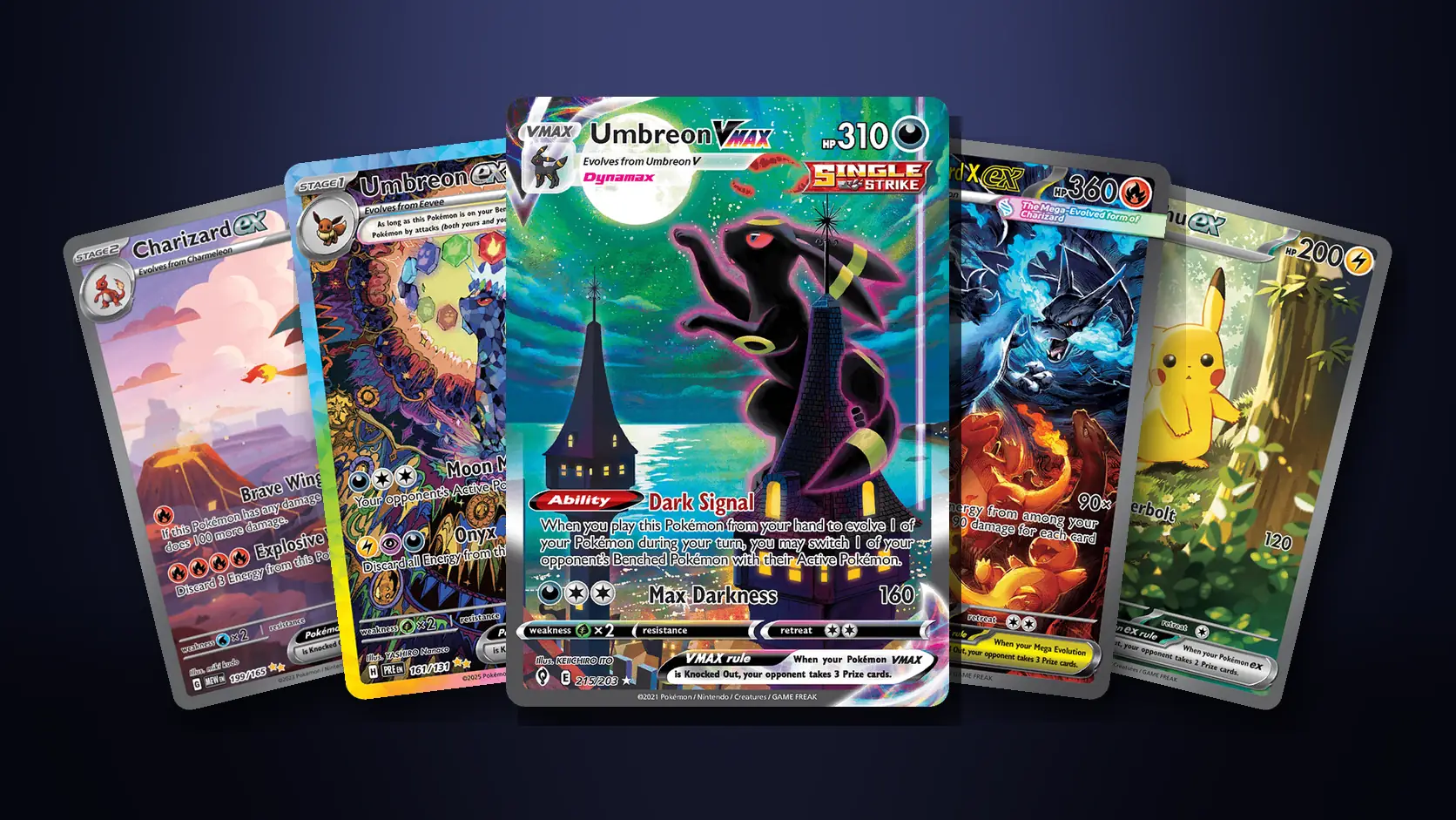 Five of the most valuable modern Pokémon cards fanned out: Umbreon VMAX alternate art, Umbreon ex, Charizard ex, Mega Charizard X ex and Pikachu ex