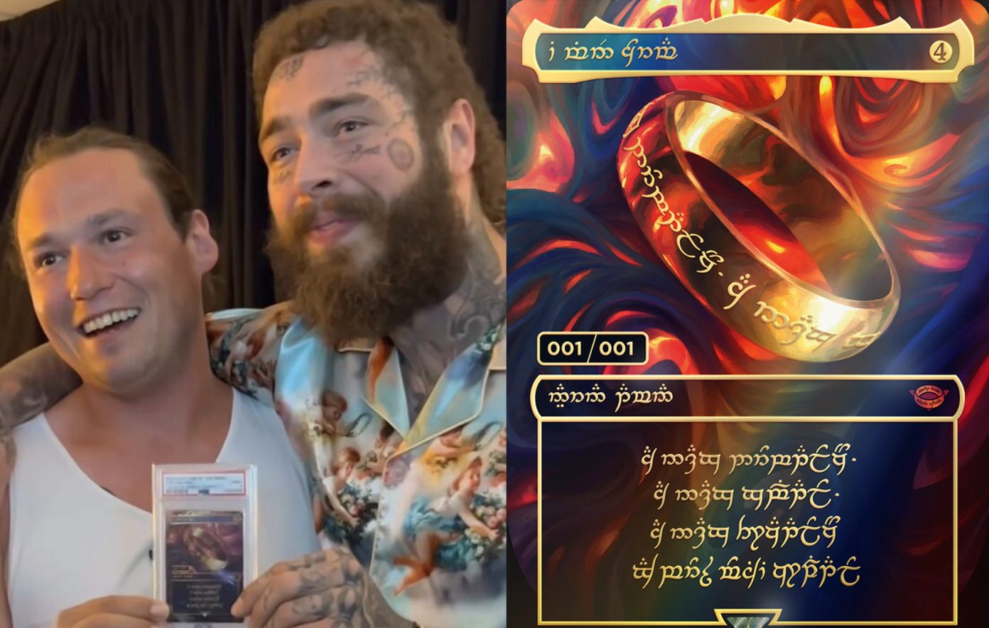 Post Malone holding Magic the Gathering cards alongside the One Ring and his Secret Lair card