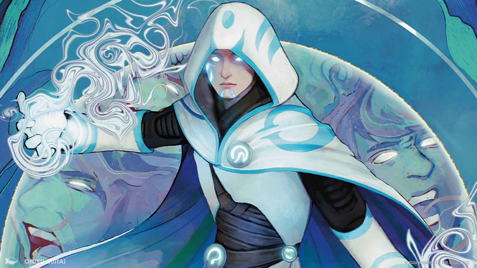 Art for The Theorist, Jace Beleren from Reality Fracture: a white-hooded Jace with glowing eyes casting a spell, mirrored faces behind him